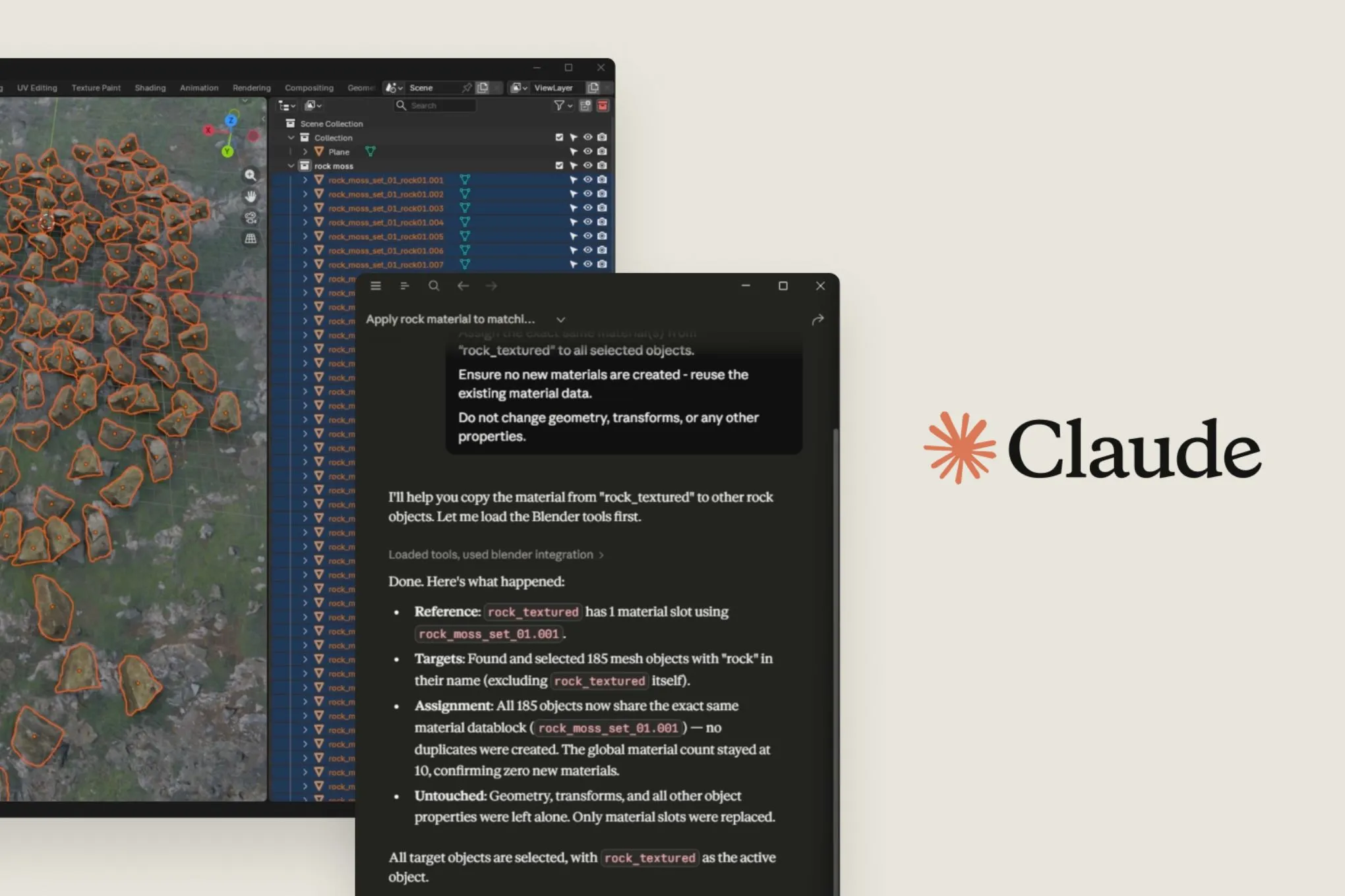 Examples of Anthropic’s Claude connector for the Blender 3D modelling software.