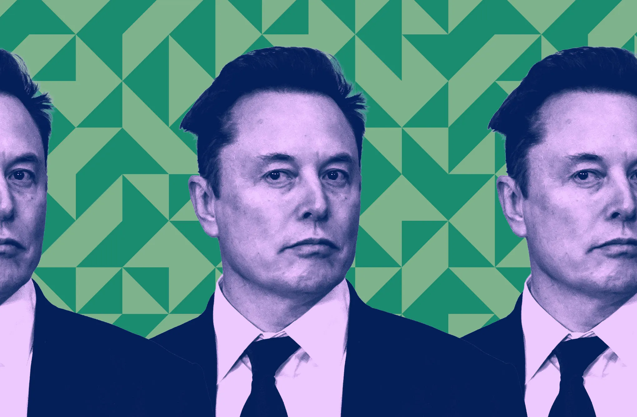 Elon Musk in front of a background of geometric shapes.